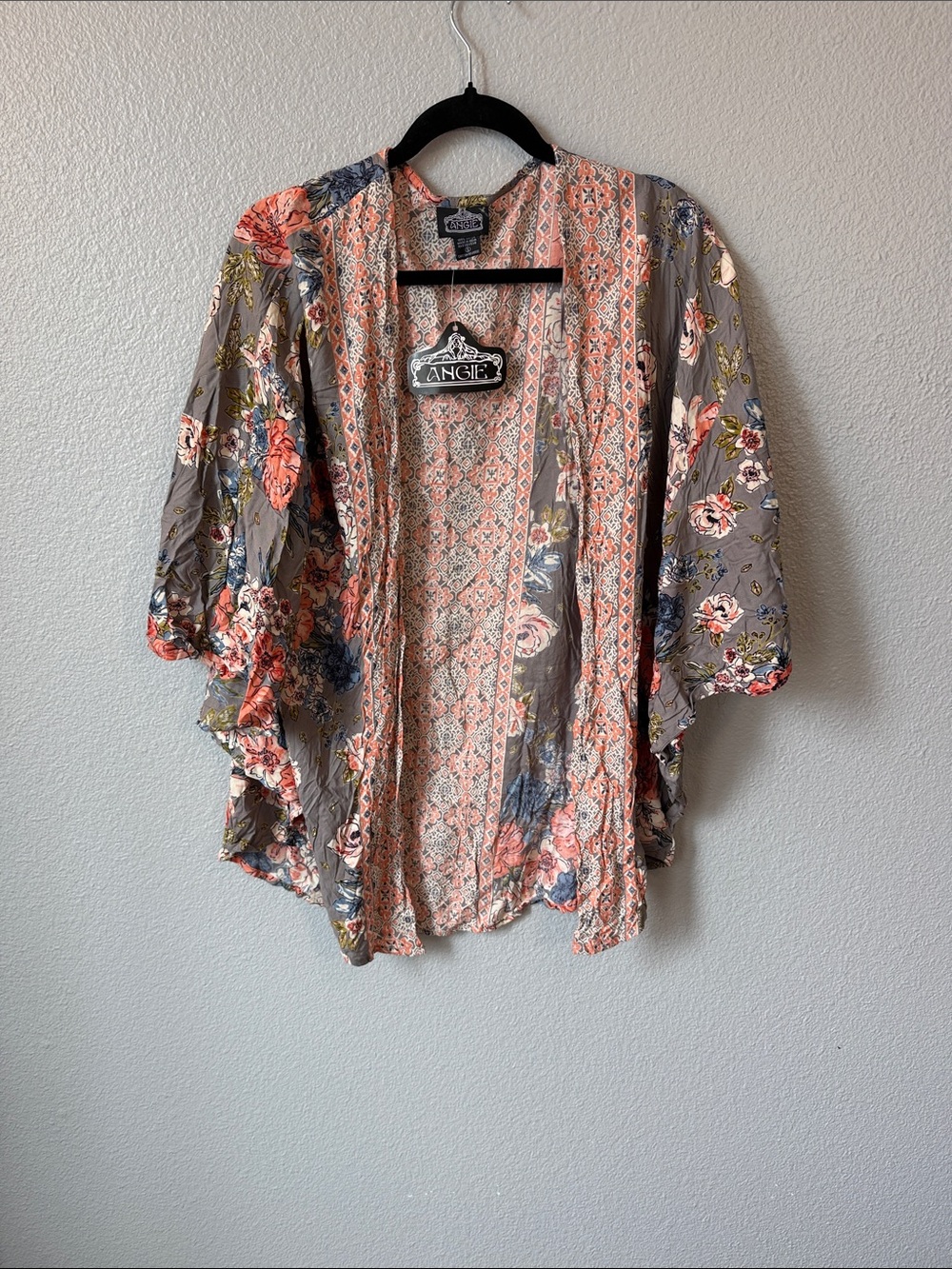 Angie Coral and Gray Floral Open-Front Kimono